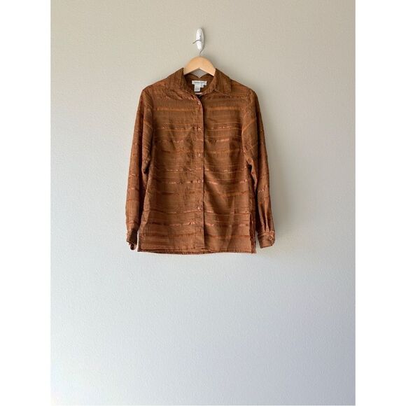 cold water creek burnt orange stripped button front long sleeve - Picture 1 of 5